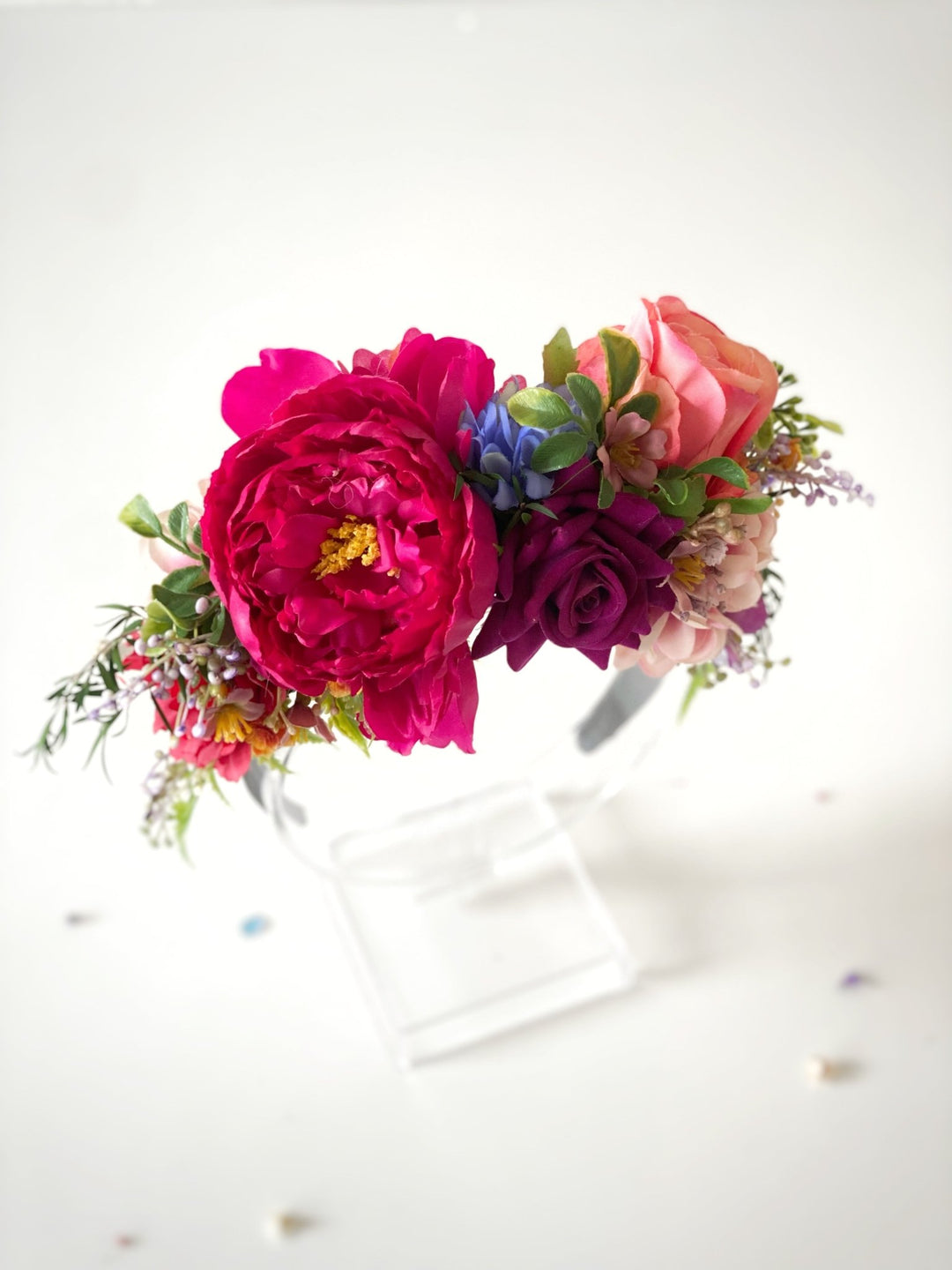 Carnival flower headpiece: pink, yellow and blue Frida headband – handmade floral hair accessory by magaela