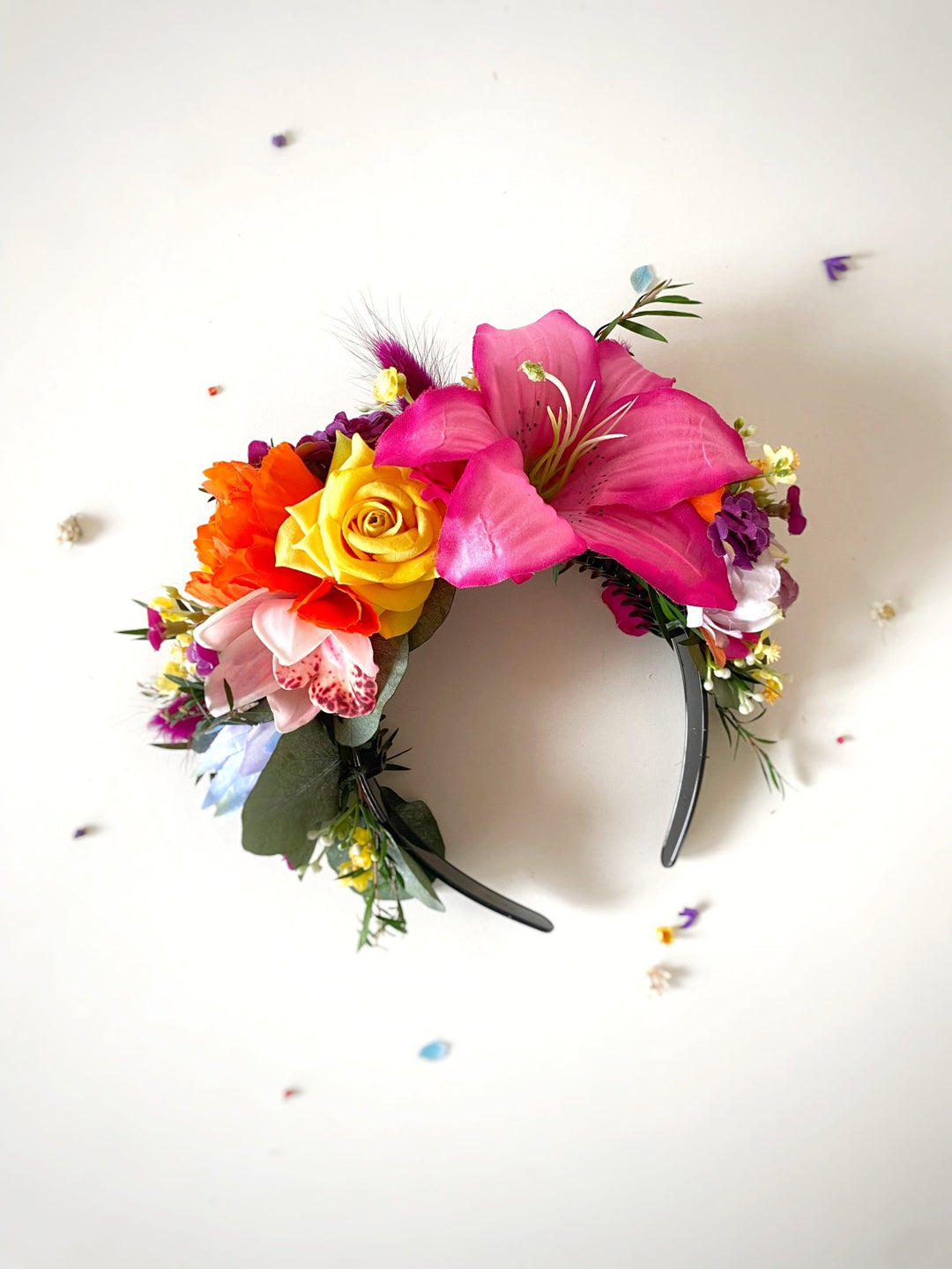 Colorful Frida headband with lily flowers: doublesided floral headpiece – handmade floral hair accessory by magaela