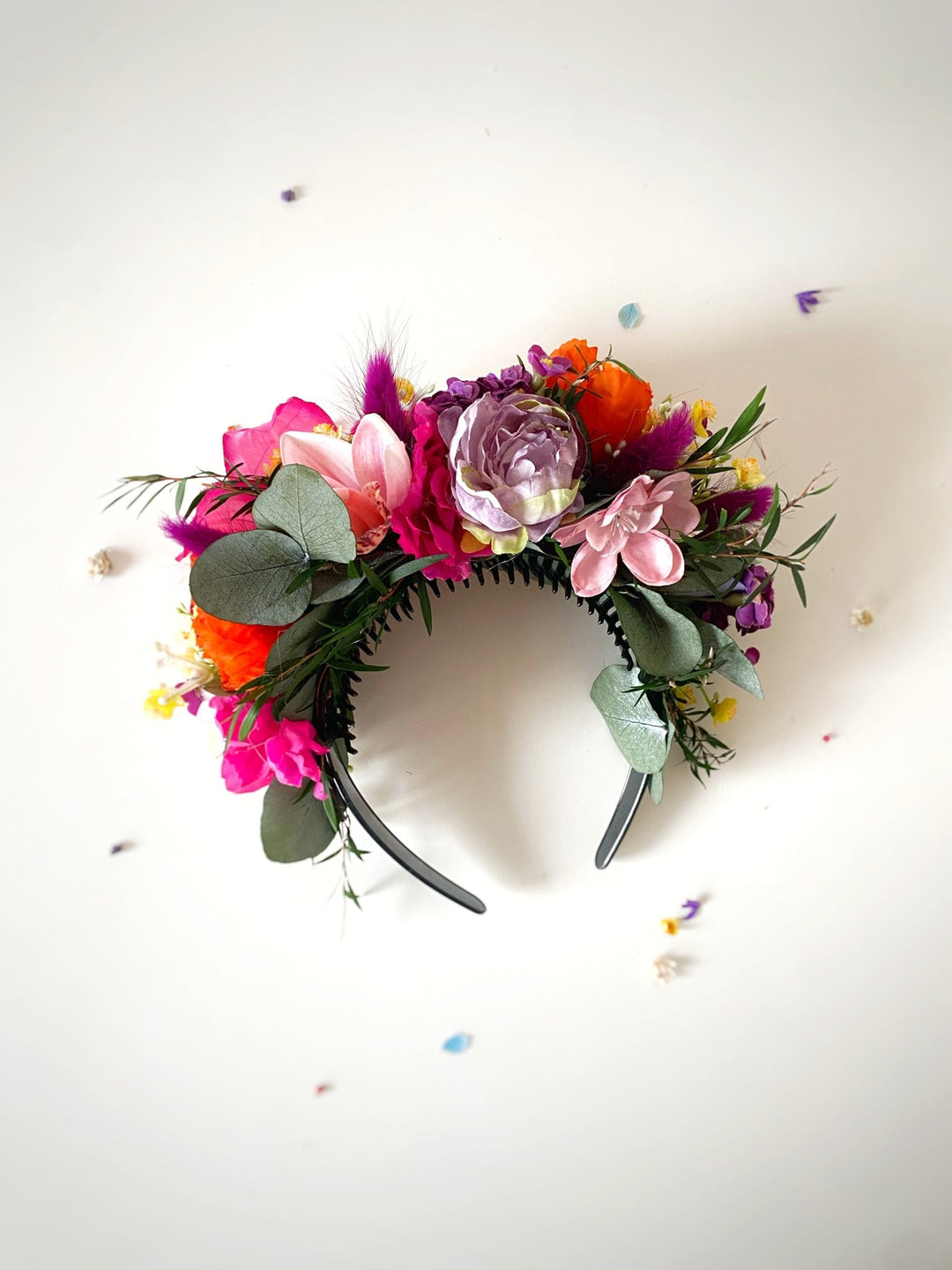 Colorful Frida headband with lily flowers: doublesided floral headpiece – handmade floral hair accessory by magaela