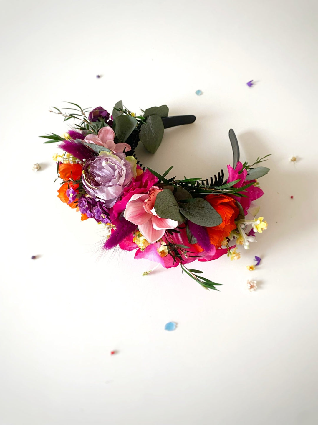 Colorful Frida headband with lily flowers: doublesided floral headpiece – handmade floral hair accessory by magaela