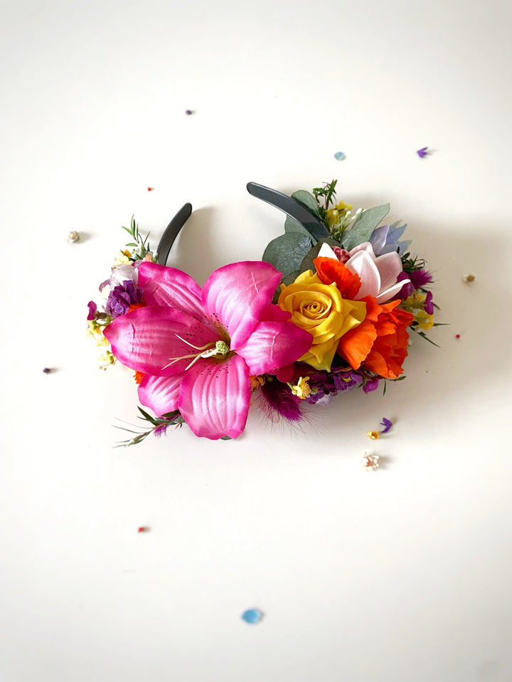 Colorful Frida headband with lily flowers: doublesided floral headpiece – handmade floral hair accessory by magaela