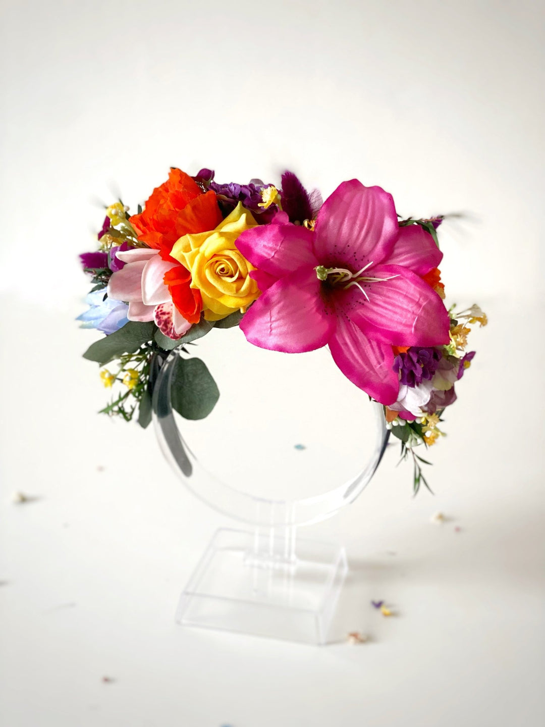 Colorful Frida headband with lily flowers: doublesided floral headpiece – handmade floral hair accessory by magaela