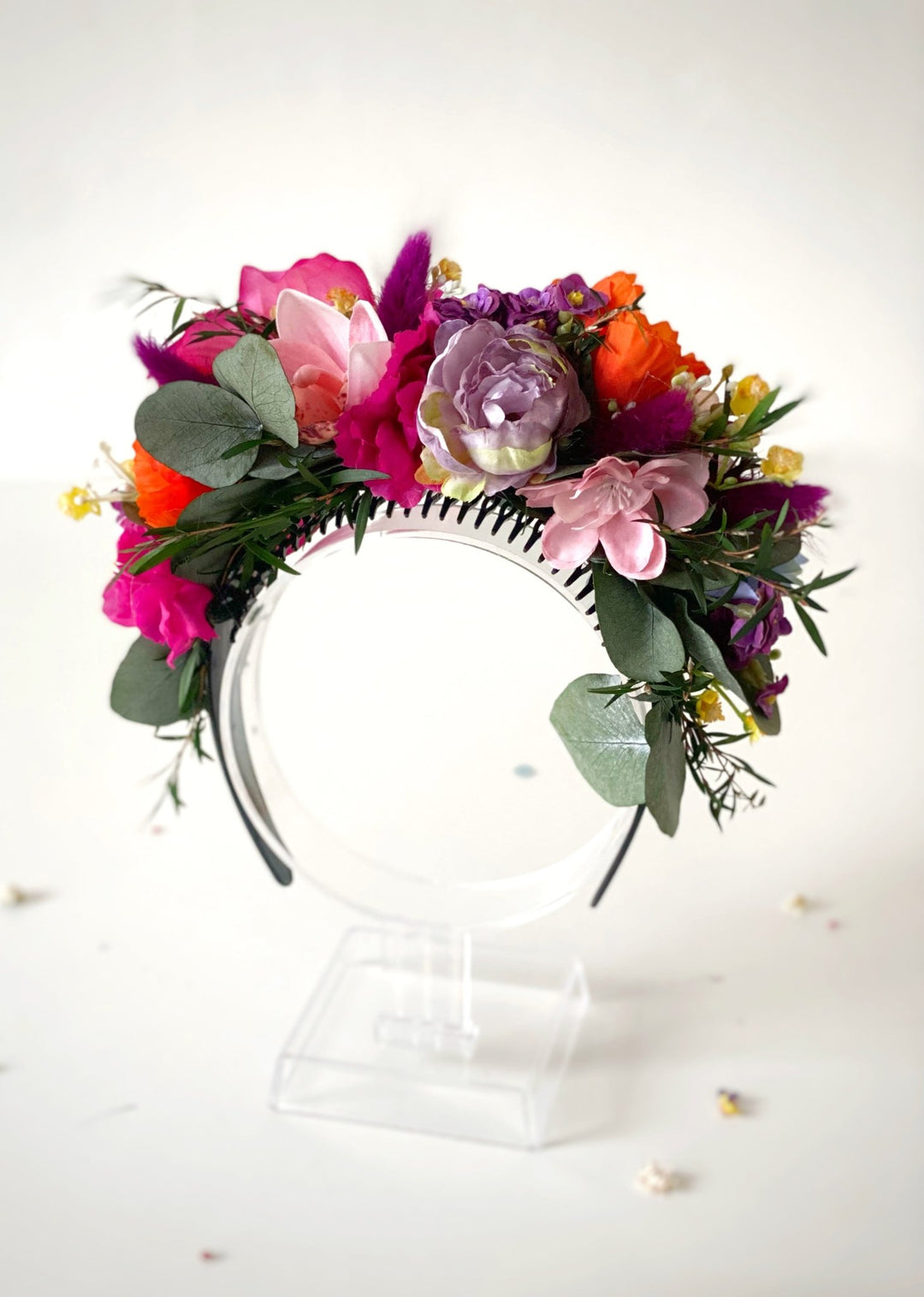 Colorful Frida headband with lily flowers: doublesided floral headpiece – handmade floral hair accessory by magaela