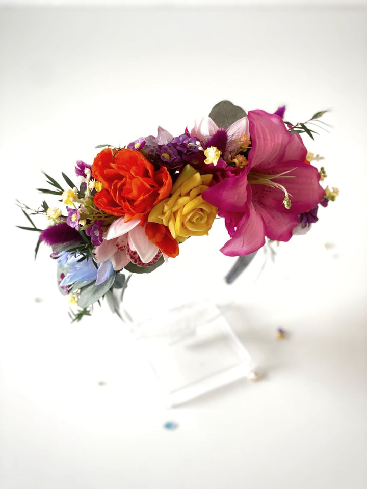 Colorful Frida headband with lily flowers: doublesided floral headpiece – handmade floral hair accessory by magaela
