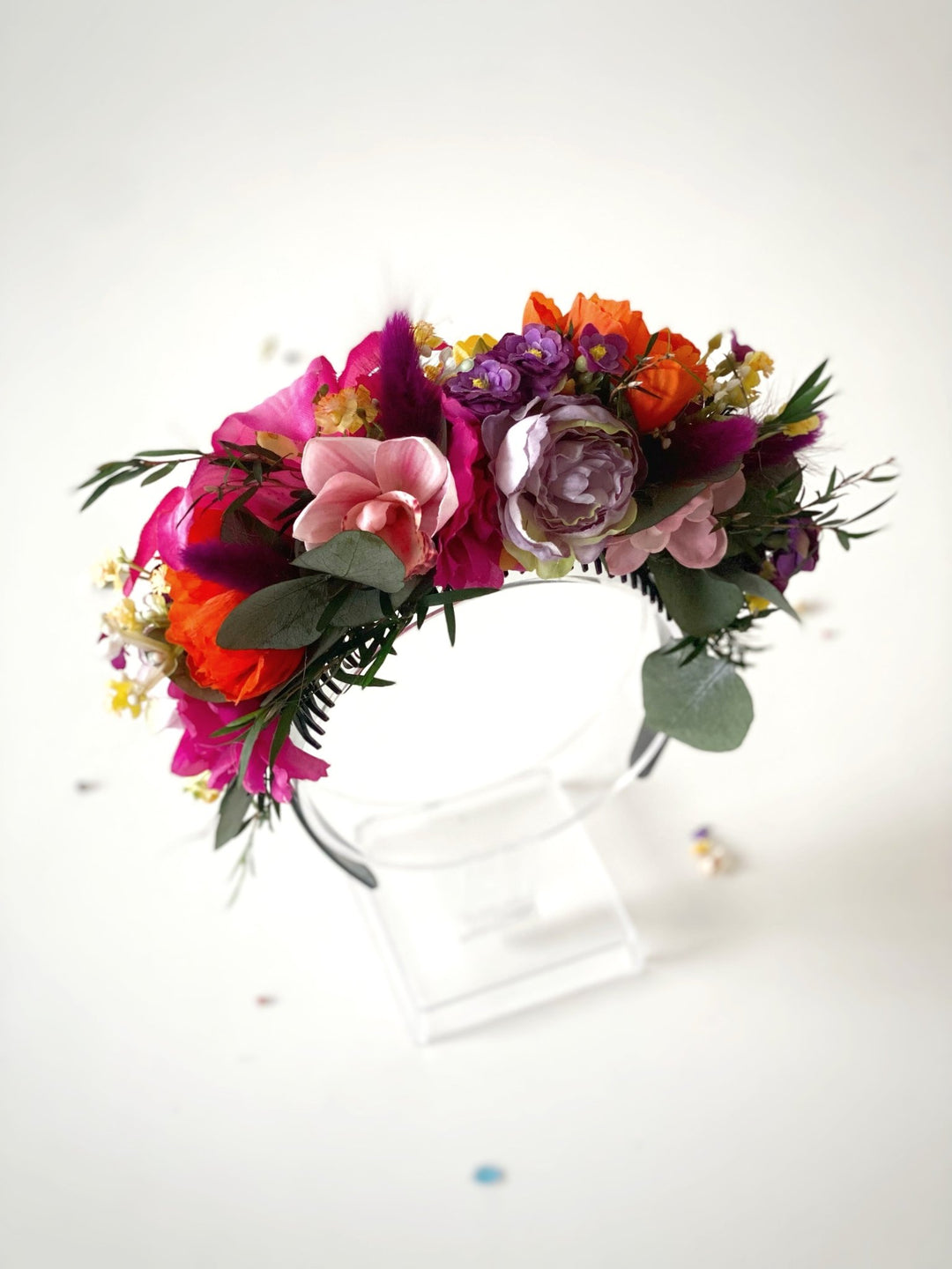 Colorful Frida headband with lily flowers: doublesided floral headpiece – handmade floral hair accessory by magaela