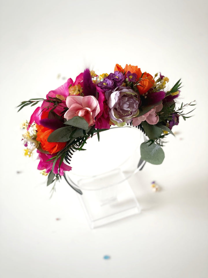 Colorful Frida headband with lily flowers: doublesided floral headpiece – handmade floral hair accessory by magaela
