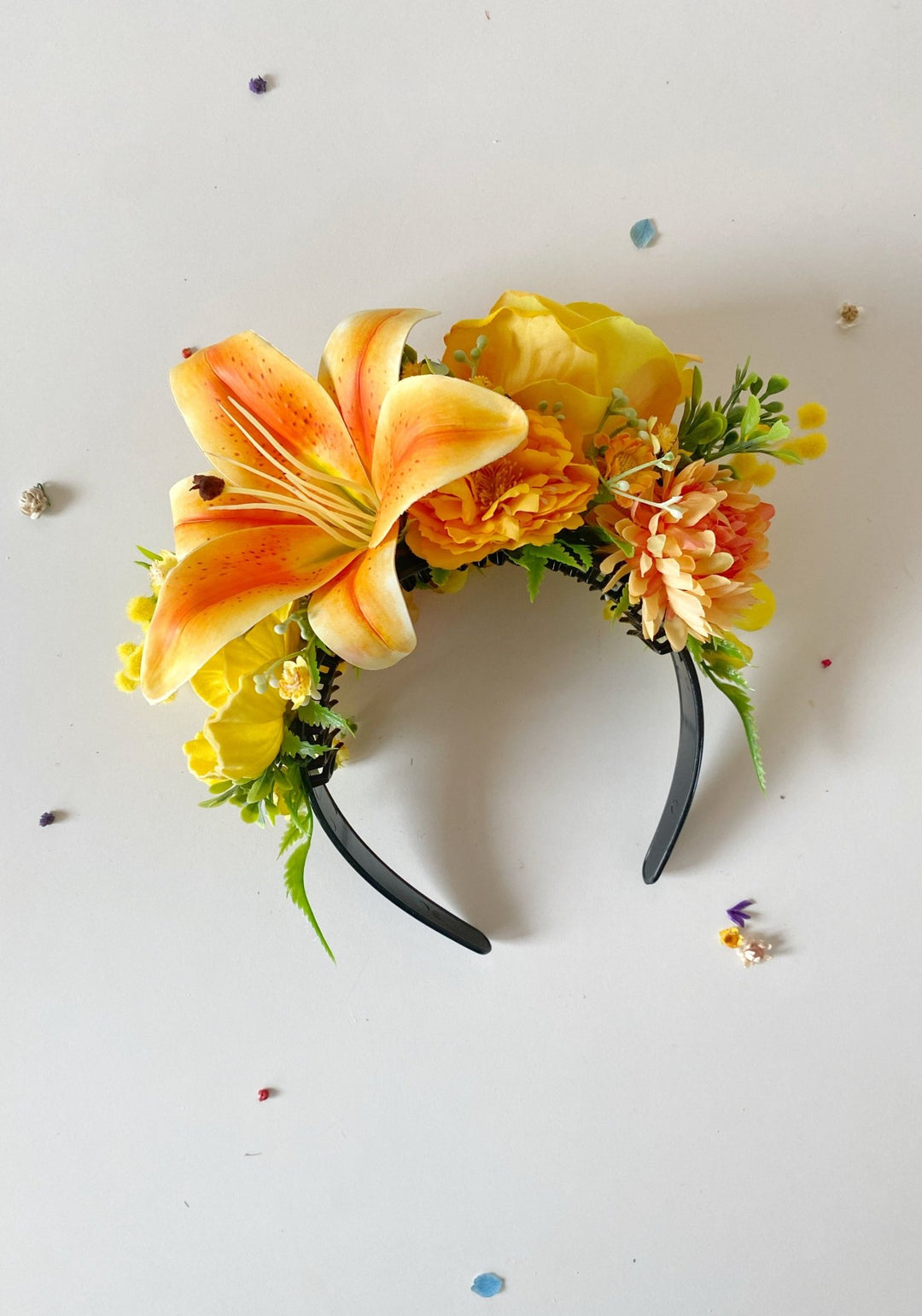Orange and yellow flower crown: Frida headband with lily flower – handmade floral hair accessory by magaela