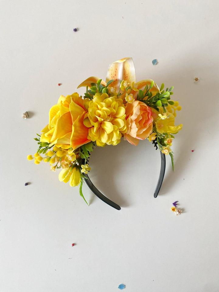 Orange and yellow flower crown: Frida headband with lily flower – handmade floral hair accessory by magaela