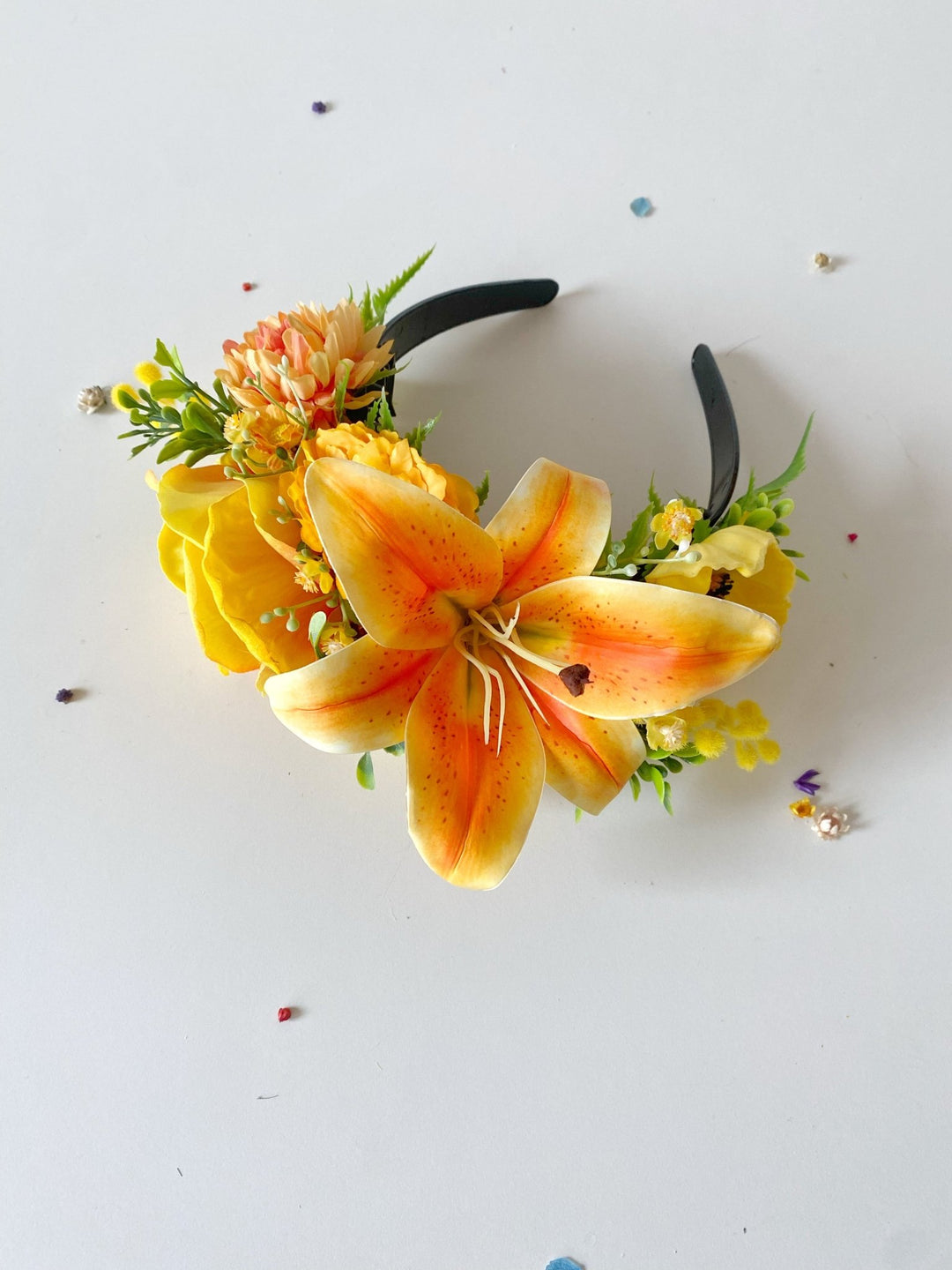 Orange and yellow flower crown: Frida headband with lily flower – handmade floral hair accessory by magaela