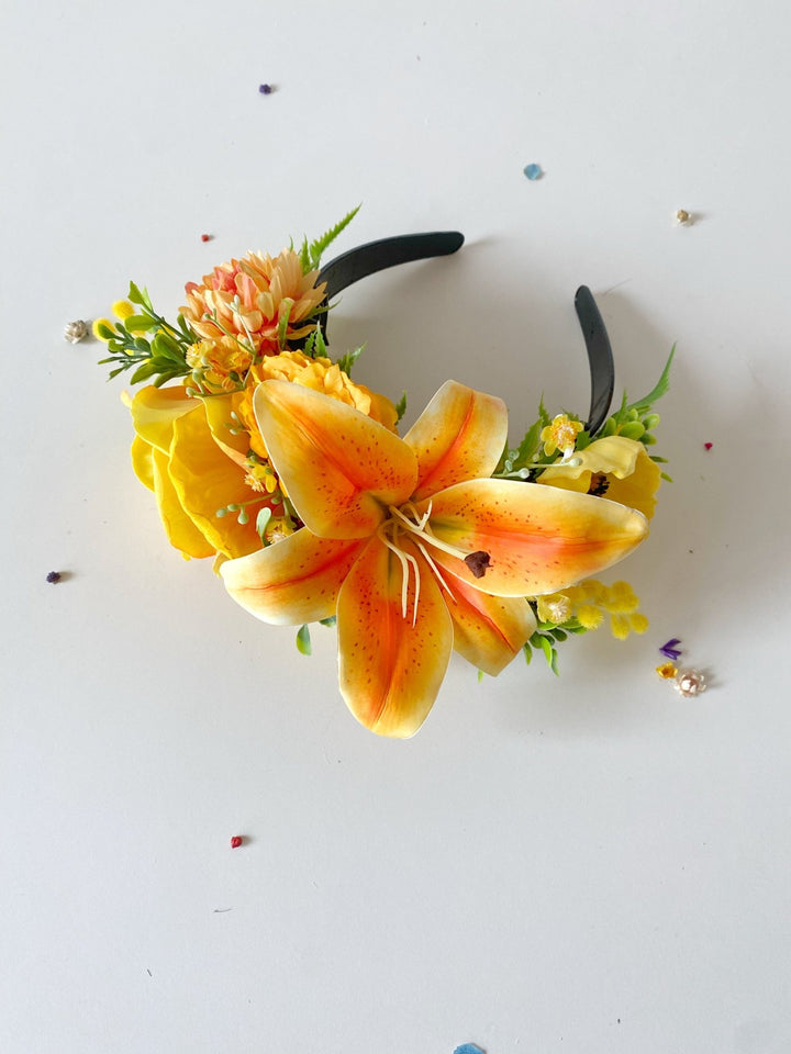 Orange and yellow flower crown: Frida headband with lily flower – handmade floral hair accessory by magaela