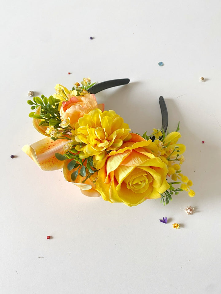 Orange and yellow flower crown: Frida headband with lily flower – handmade floral hair accessory by magaela