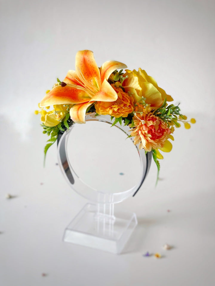 Orange and yellow flower crown: Frida headband with lily flower – handmade floral hair accessory by magaela