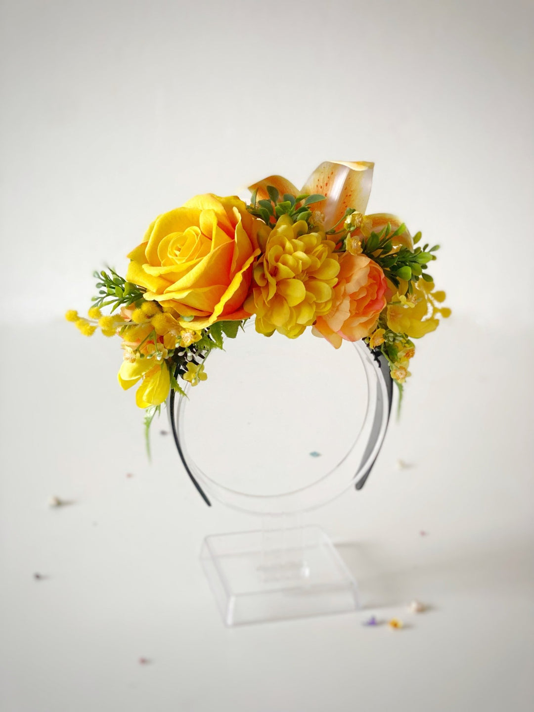 Orange and yellow flower crown: Frida headband with lily flower – handmade floral hair accessory by magaela