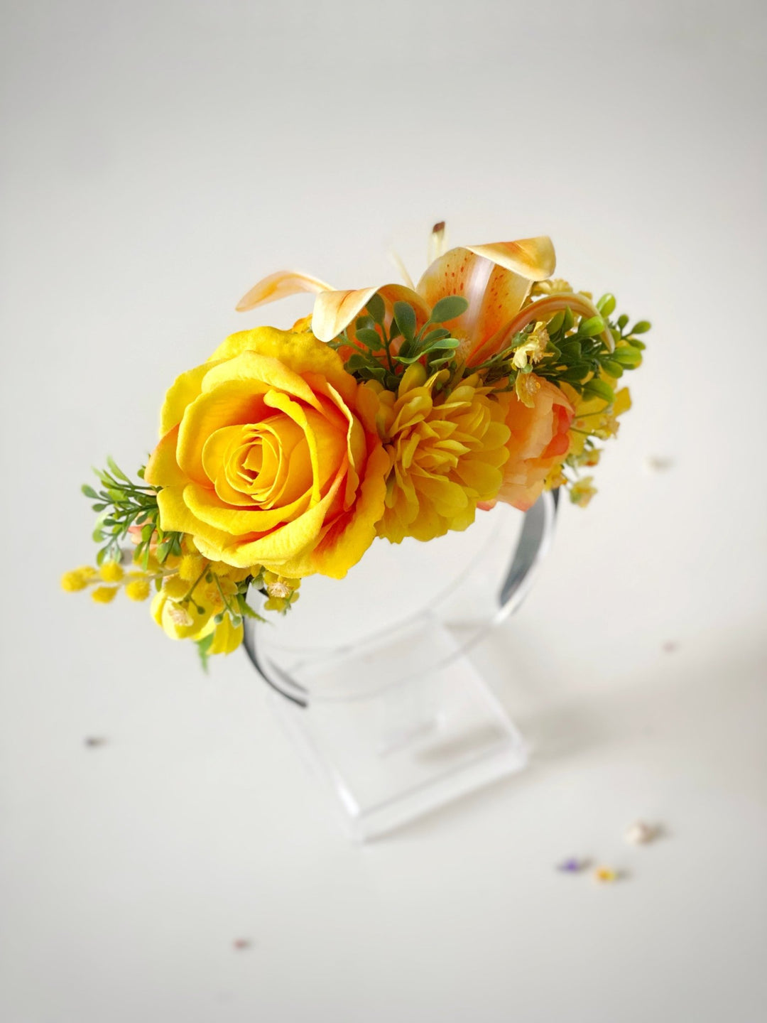 Orange and yellow flower crown: Frida headband with lily flower – handmade floral hair accessory by magaela