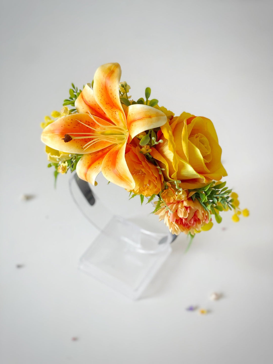 Orange and yellow flower crown: Frida headband with lily flower – handmade floral hair accessory by magaela