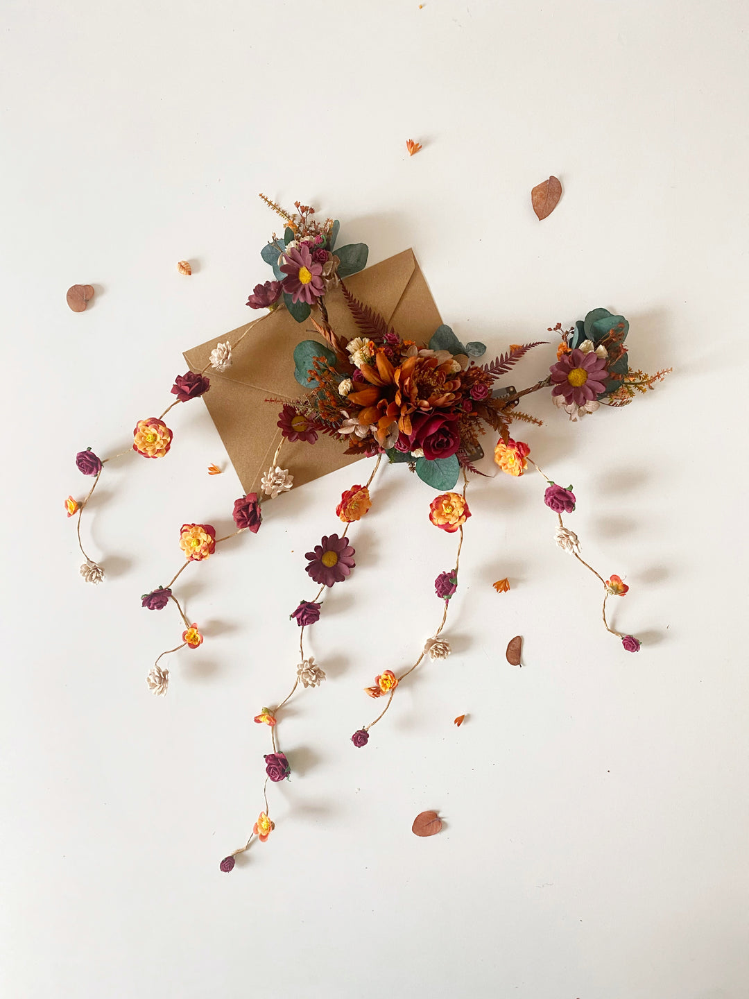Fall Wedding Hair Vine with Eucalyptus, Earthy Tones Flowers and Cascading Flower Veil