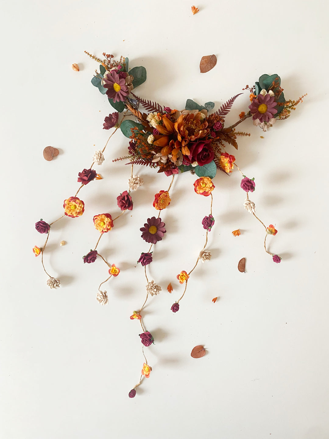 Fall Wedding Hair Vine with Eucalyptus, Earthy Tones Flowers and Cascading Flower Veil