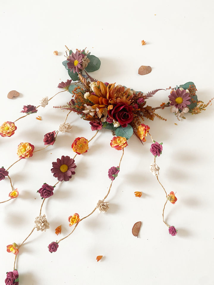 Fall Wedding Hair Vine with Eucalyptus, Earthy Tones Flowers and Cascading Flower Veil