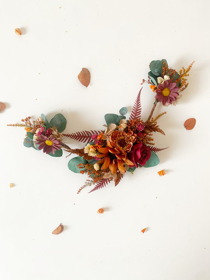 Fall Wedding Hair Vine with Eucalyptus, Earthy Tones Flowers and Cascading Flower Veil