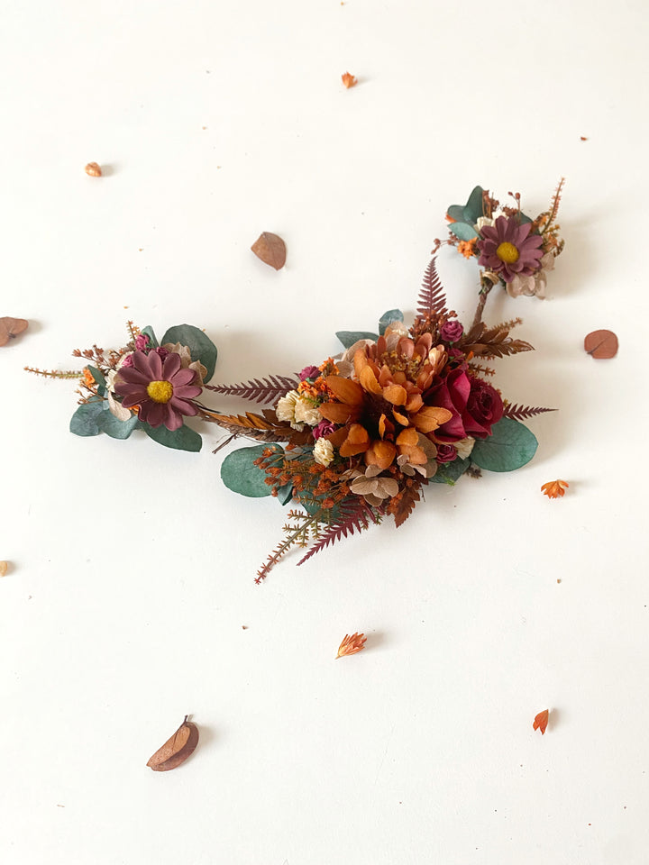 Fall Wedding Hair Vine with Eucalyptus, Earthy Tones Flowers and Cascading Flower Veil
