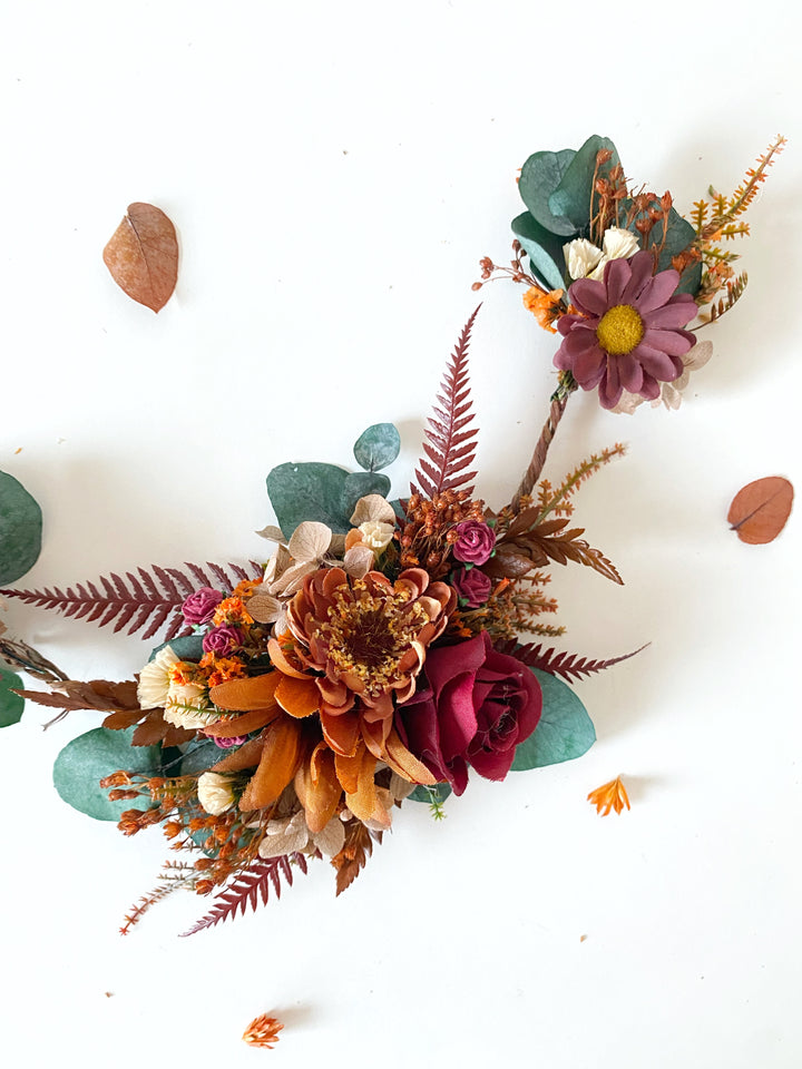 Fall Wedding Hair Vine with Eucalyptus, Earthy Tones Flowers and Cascading Flower Veil