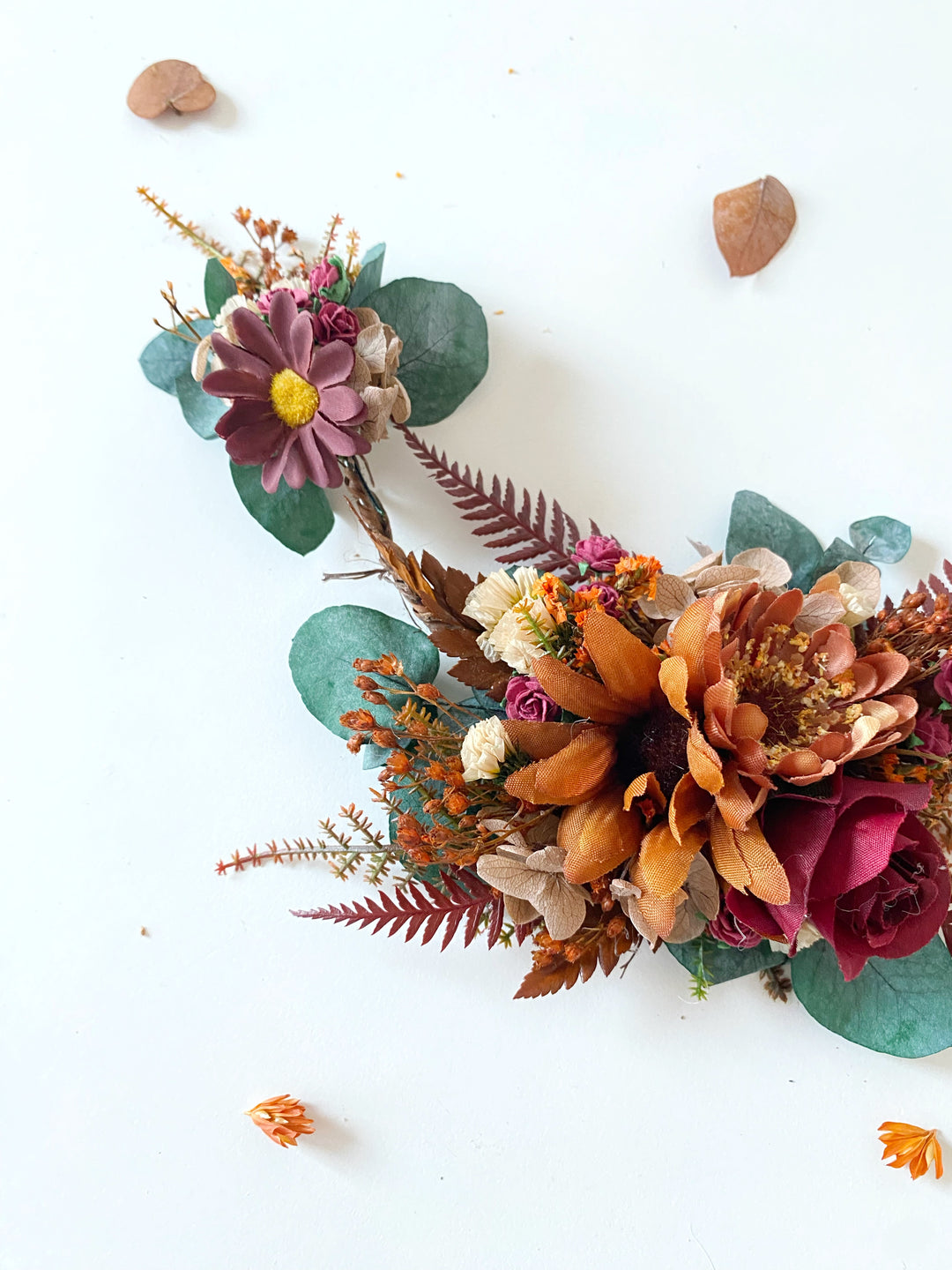 Fall Wedding Hair Vine with Eucalyptus, Earthy Tones Flowers and Cascading Flower Veil