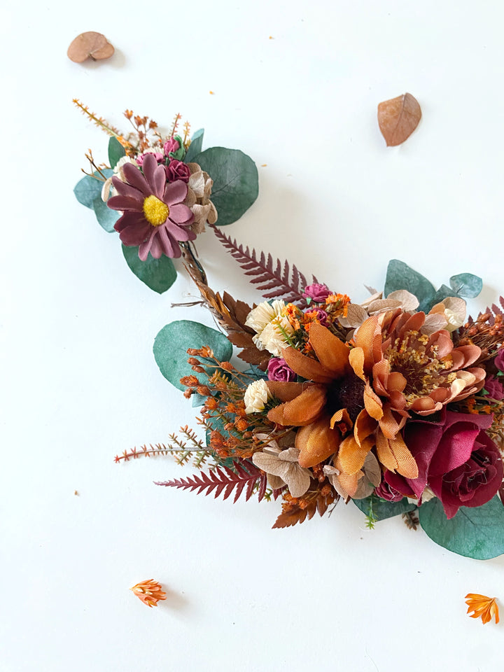Fall Wedding Hair Vine with Eucalyptus, Earthy Tones Flowers and Cascading Flower Veil