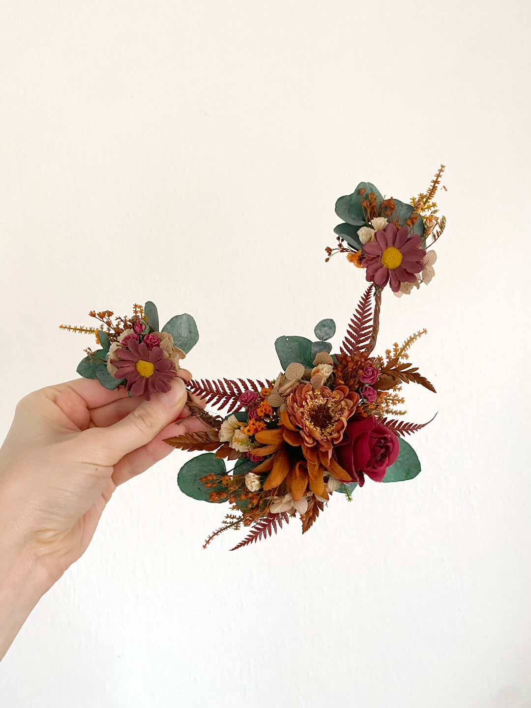 Fall Wedding Hair Vine with Eucalyptus, Earthy Tones Flowers and Cascading Flower Veil