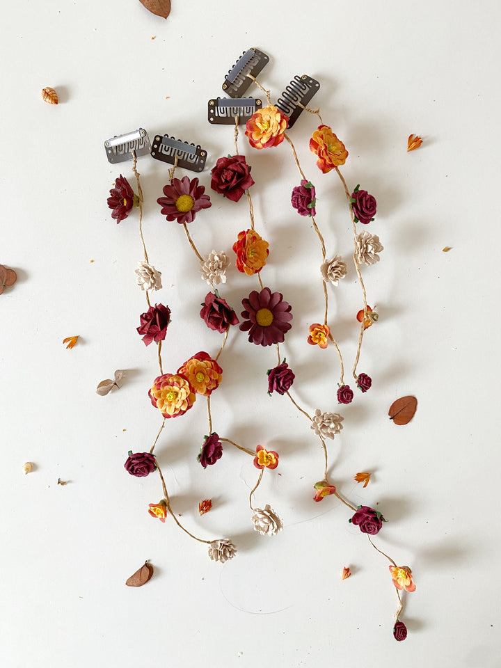 Fall Wedding Hair Vine with Eucalyptus, Earthy Tones Flowers and Cascading Flower Veil