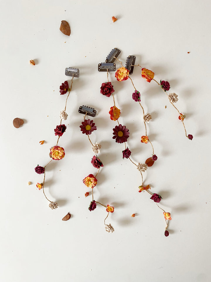 Fall Wedding Hair Vine with Eucalyptus, Earthy Tones Flowers and Cascading Flower Veil