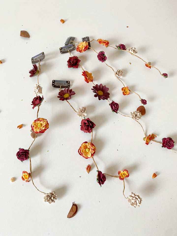 Fall Wedding Hair Vine with Eucalyptus, Earthy Tones Flowers and Cascading Flower Veil