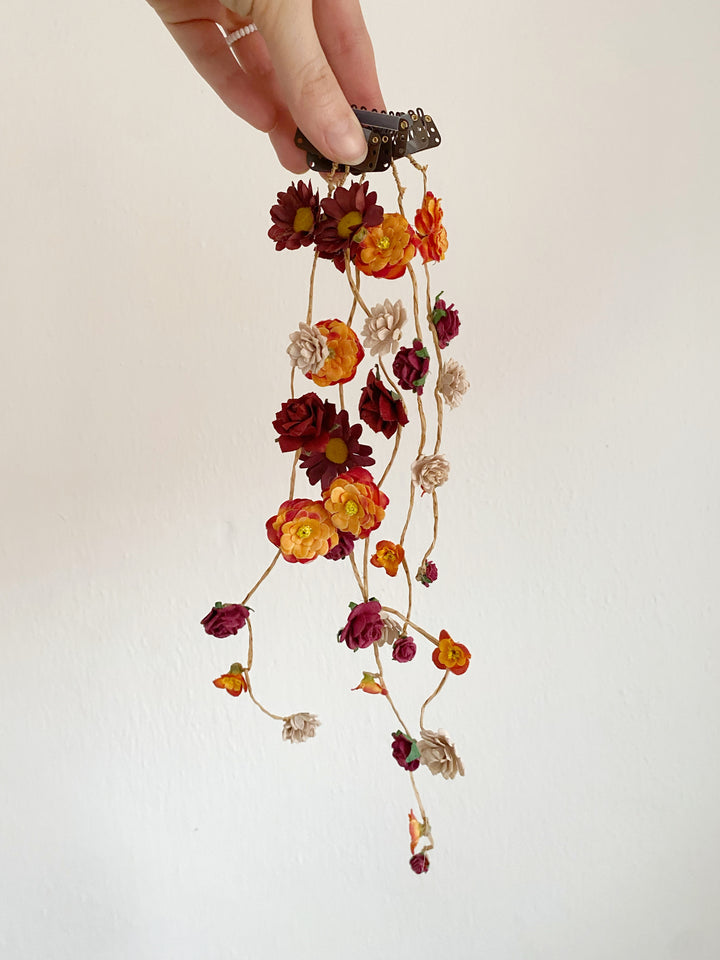 Fall Wedding Hair Vine with Eucalyptus, Earthy Tones Flowers and Cascading Flower Veil