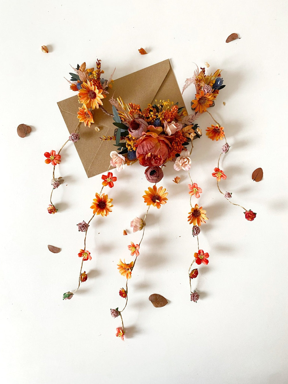 Fall Wedding Sunflower Hair Vine with Fabric and Preserved Flowers – handmade floral hair accessory by magaela