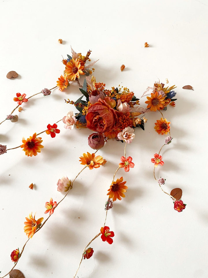 Fall Wedding Sunflower Hair Vine with Fabric and Preserved Flowers – handmade floral hair accessory by magaela