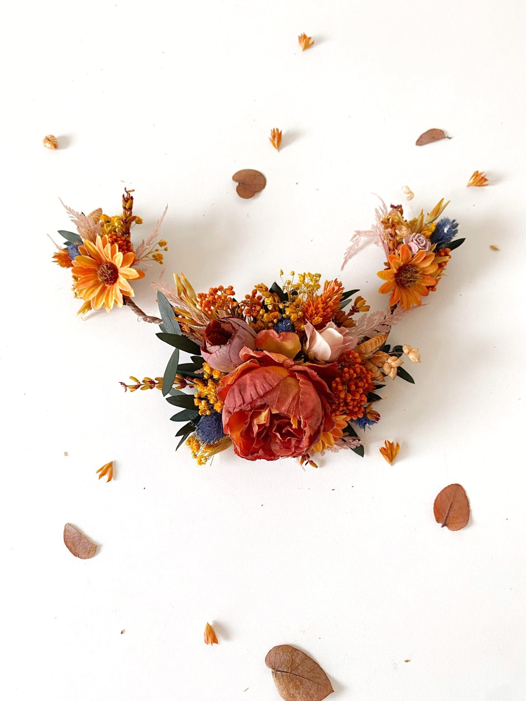 Fall Wedding Sunflower Hair Vine with Fabric and Preserved Flowers – handmade floral hair accessory by magaela