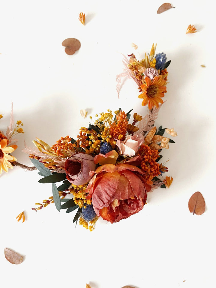 Fall Wedding Sunflower Hair Vine with Fabric and Preserved Flowers – handmade floral hair accessory by magaela