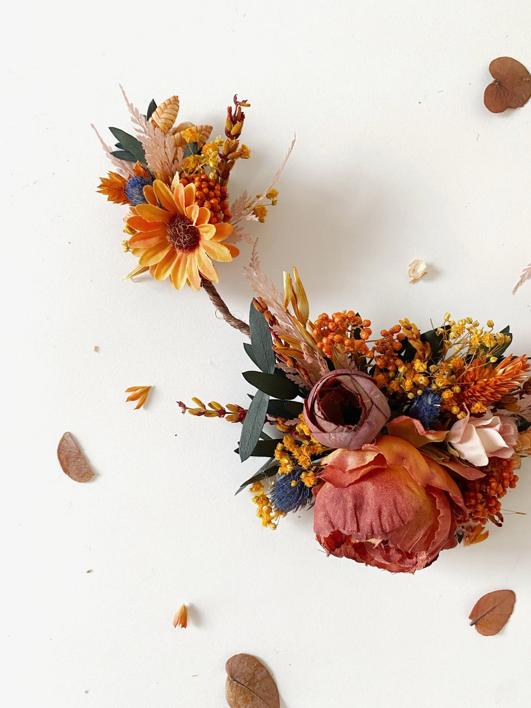 Fall Wedding Sunflower Hair Vine with Fabric and Preserved Flowers – handmade floral hair accessory by magaela