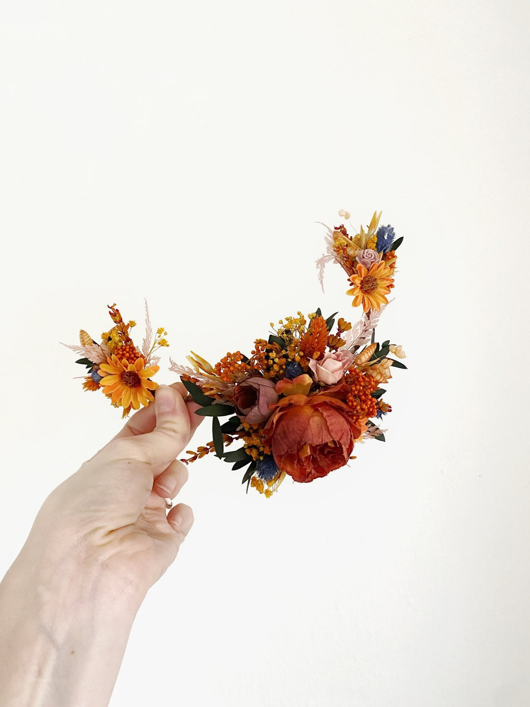 Fall Wedding Sunflower Hair Vine with Fabric and Preserved Flowers – handmade floral hair accessory by magaela