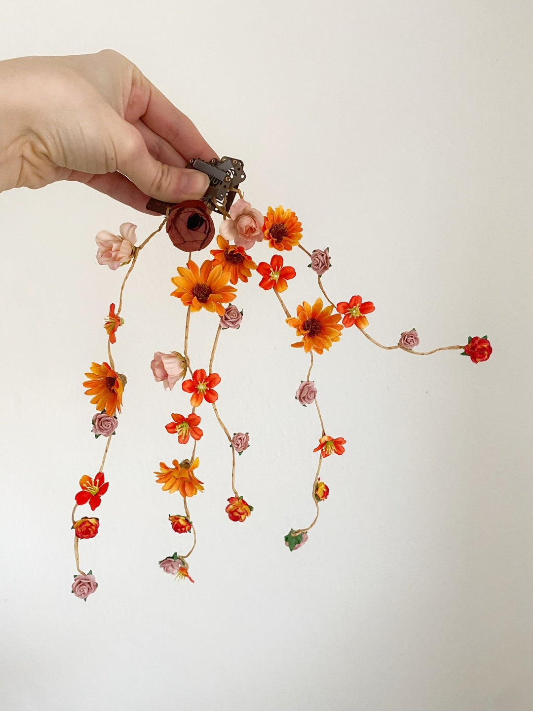 Fall Wedding Sunflower Hair Vine with Fabric and Preserved Flowers – handmade floral hair accessory by magaela