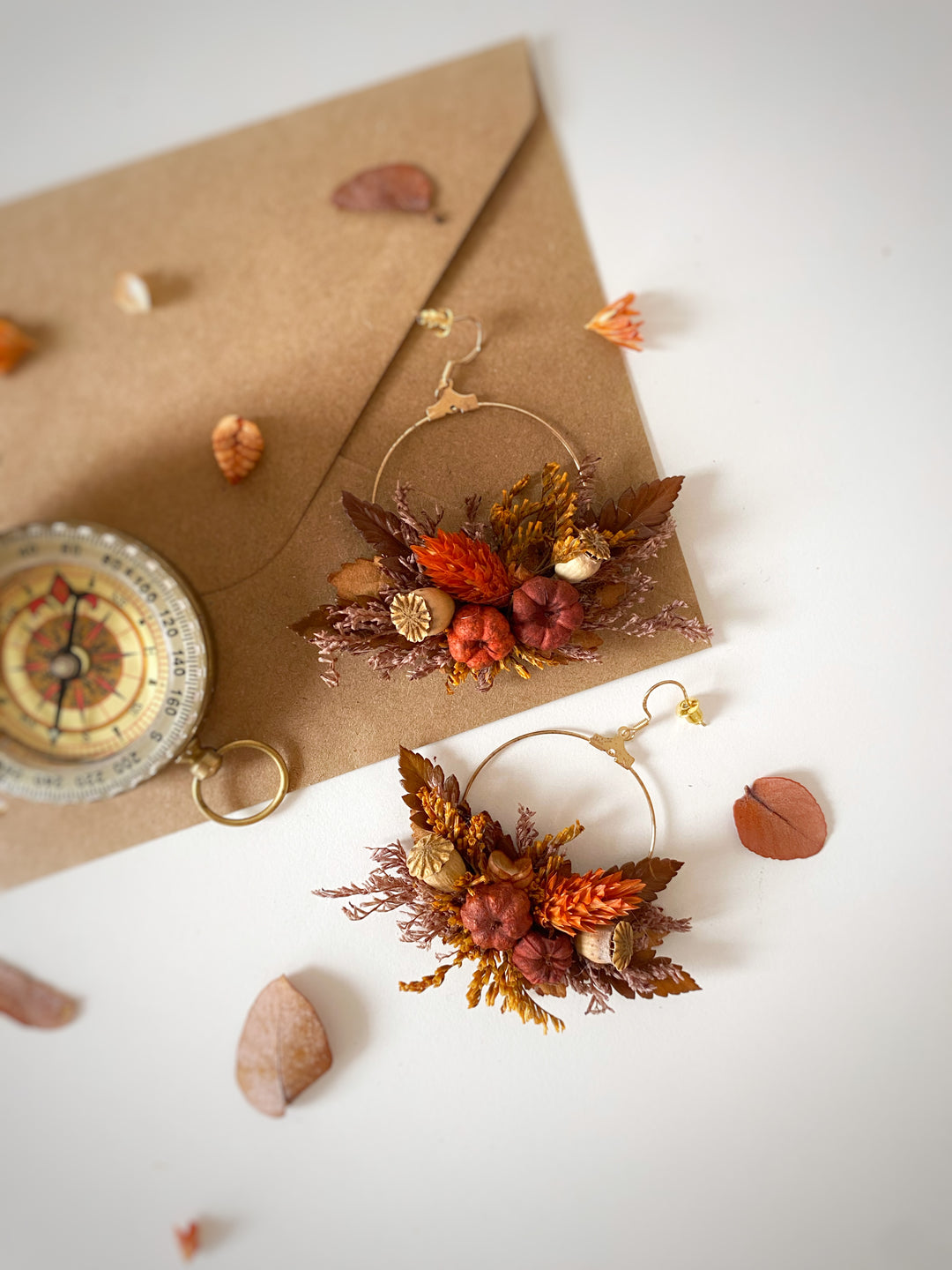 Fall Wedding Dried Flower Hoop Earrings - Terracotta Pumpkin Autumn Bridal Jewelry