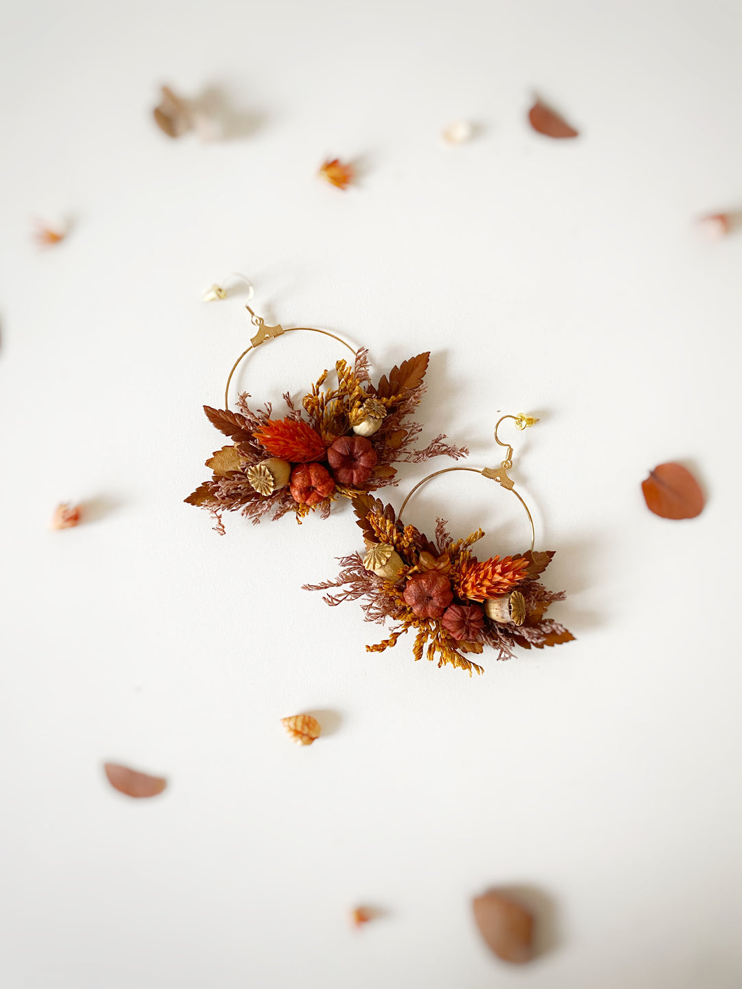Fall Wedding Dried Flower Hoop Earrings - Terracotta Pumpkin Autumn Bridal Jewelry