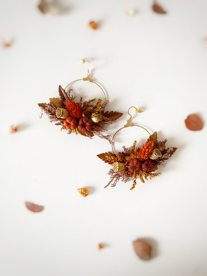 Fall Wedding Dried Flower Hoop Earrings - Terracotta Pumpkin Autumn Bridal Jewelry