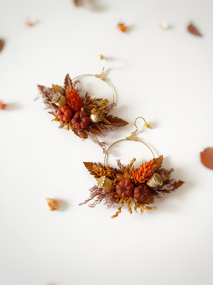 Fall Wedding Dried Flower Hoop Earrings - Terracotta Pumpkin Autumn Bridal Jewelry