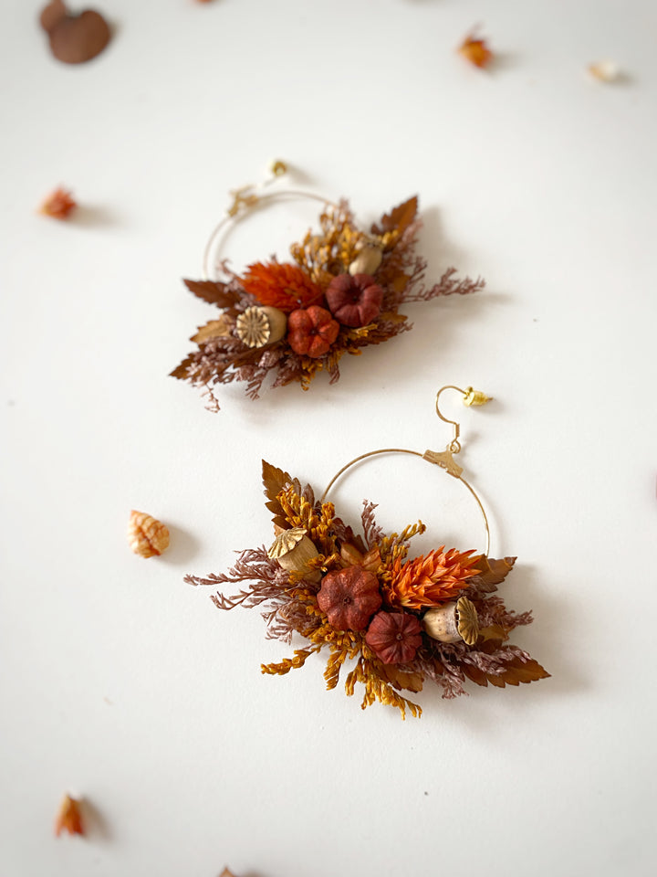 Fall Wedding Dried Flower Hoop Earrings - Terracotta Pumpkin Autumn Bridal Jewelry