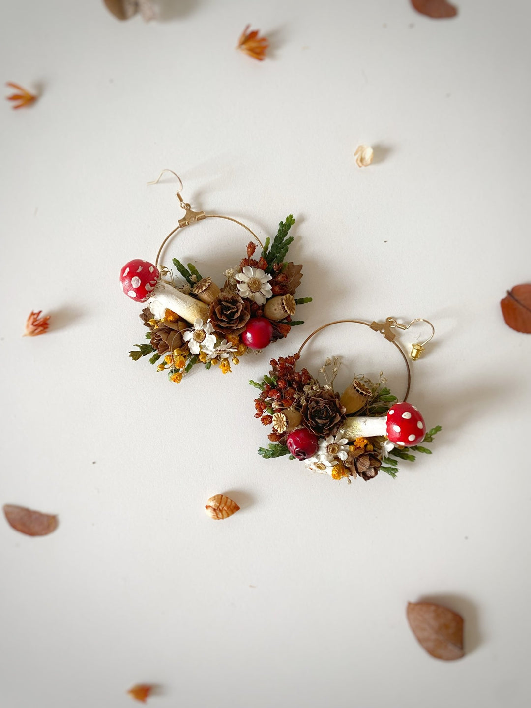 Forest Fairy Hoop Earrings with Mushrooms: Woodland Fantasy Jewelry – handmade floral hair accessory by magaela