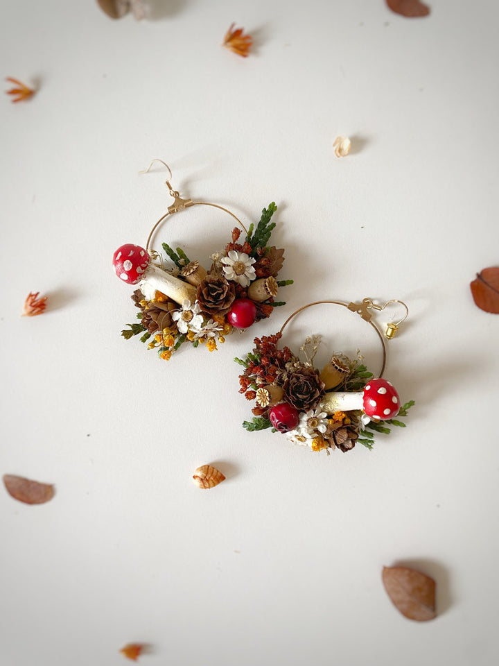 Forest Fairy Hoop Earrings with Mushrooms: Woodland Fantasy Jewelry – handmade floral hair accessory by magaela
