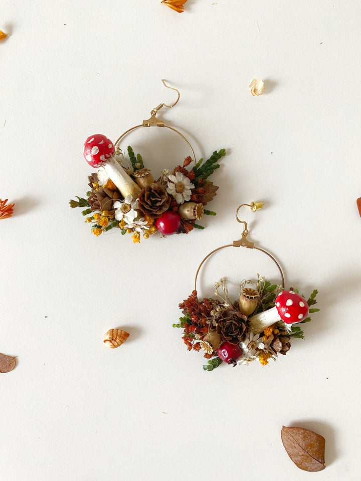 Forest Fairy Hoop Earrings with Mushrooms: Woodland Fantasy Jewelry – handmade floral hair accessory by magaela