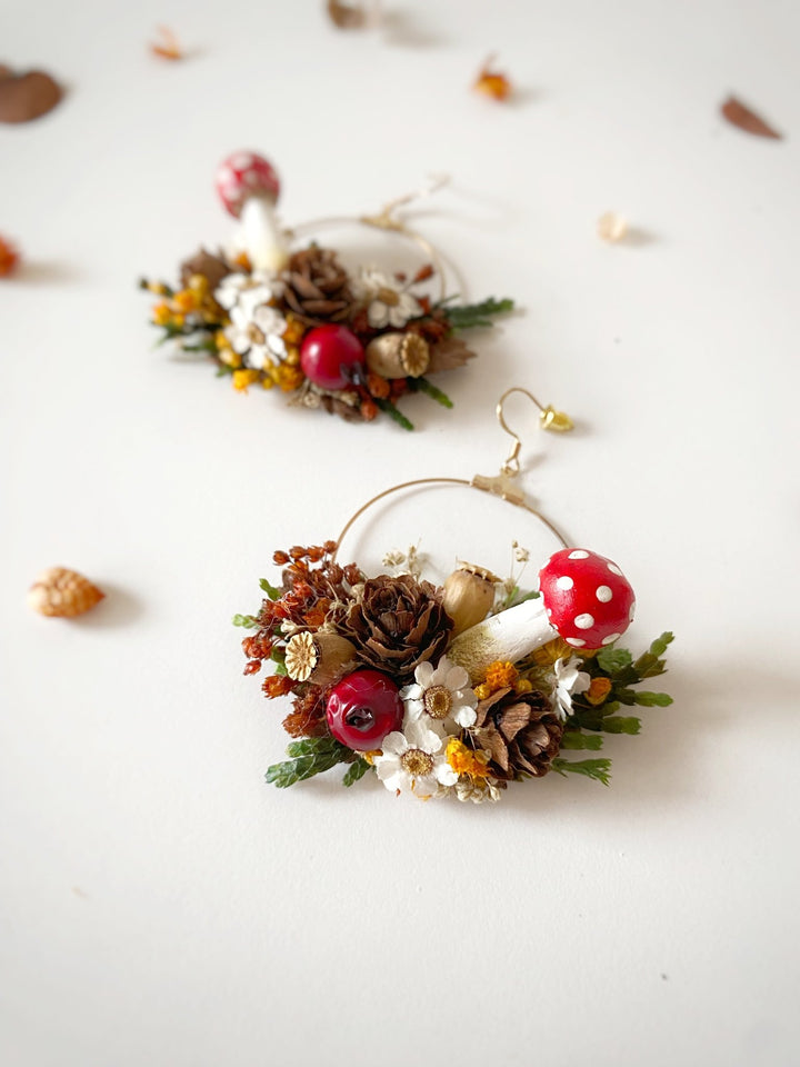 Forest Fairy Hoop Earrings with Mushrooms: Woodland Fantasy Jewelry – handmade floral hair accessory by magaela