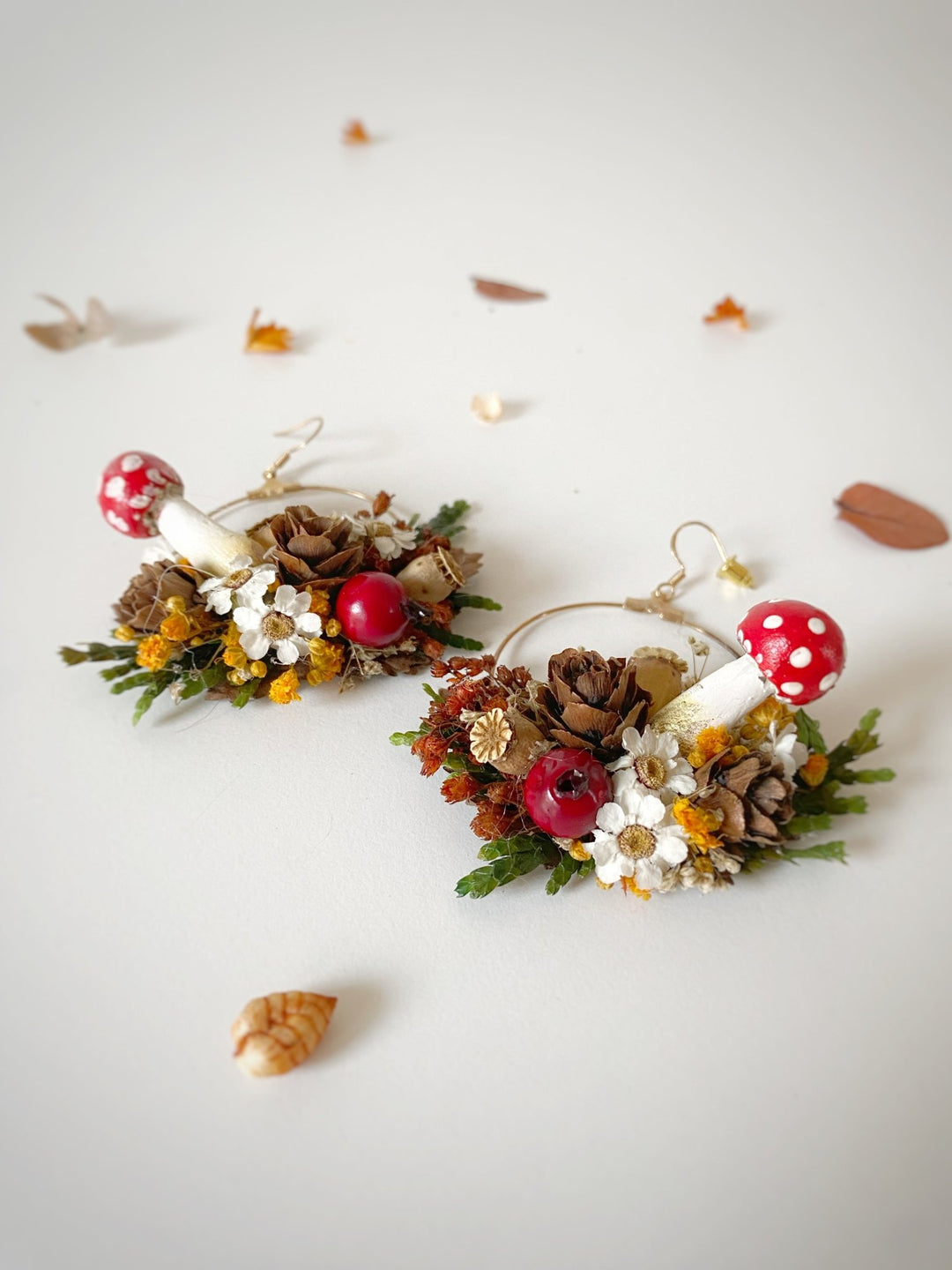 Forest Fairy Hoop Earrings with Mushrooms: Woodland Fantasy Jewelry – handmade floral hair accessory by magaela