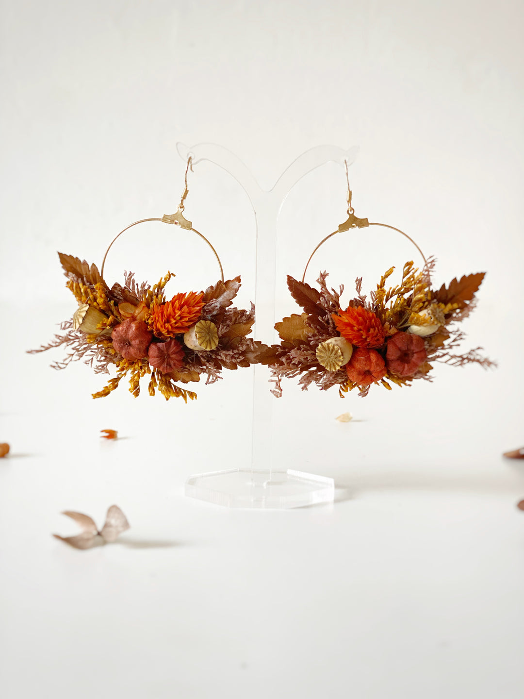 Fall Wedding Dried Flower Hoop Earrings - Terracotta Pumpkin Autumn Bridal Jewelry
